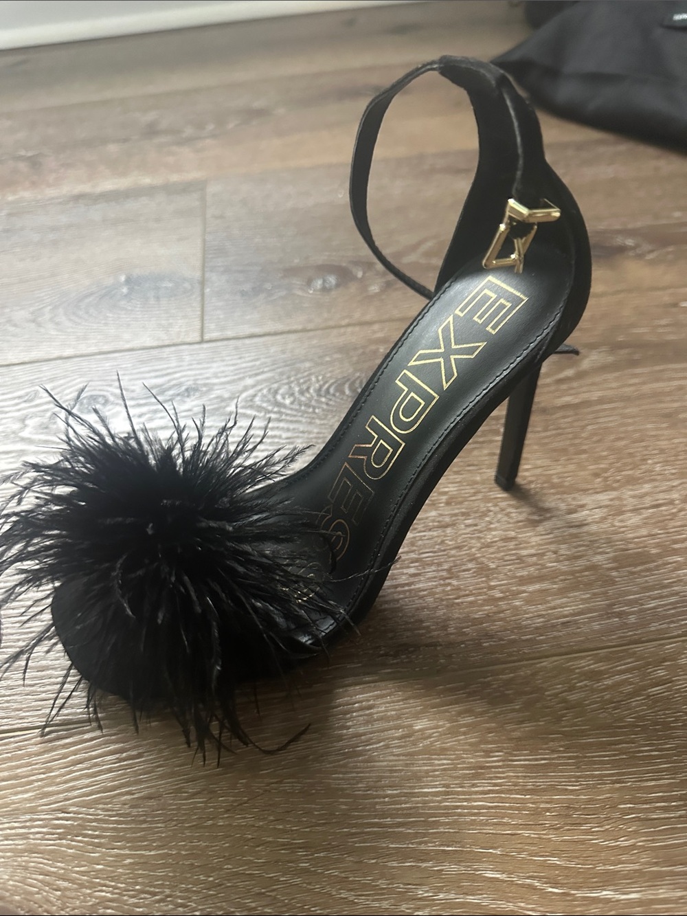 Express Black Feather Pom-Pom Ankle Strap Stilettos